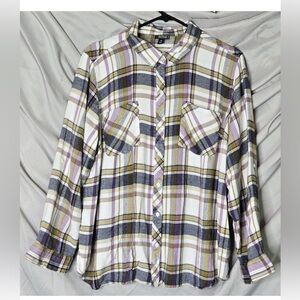 a.n.a Plaid Button Down Shirt - White, Purple, Yellow Flannel
